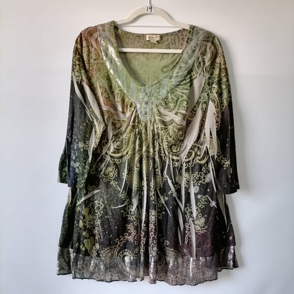 One World Live and Let Live Womens Multicolor Sequins Peasant Blouse Top Size 1X - Picture 1 of 7